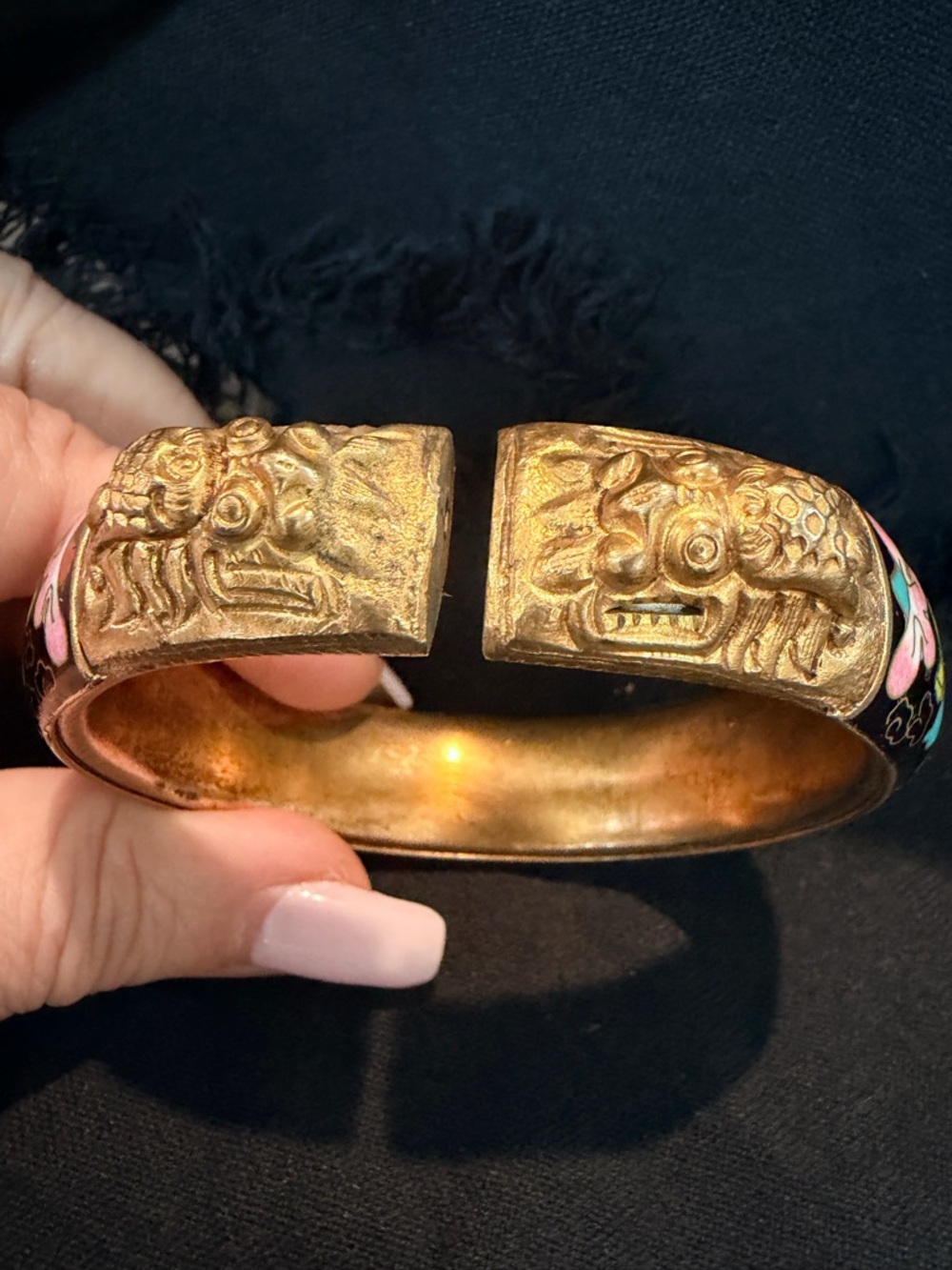 Vintage Gold-Tone Dragon Head Cloisenne Bangle Bracelet 7.5”